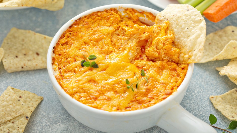 Healthy Buffalo chicken dip with chips