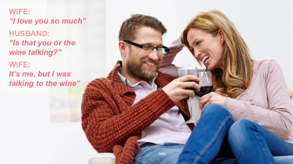 couple drinking wine and laughing; marriage jokes