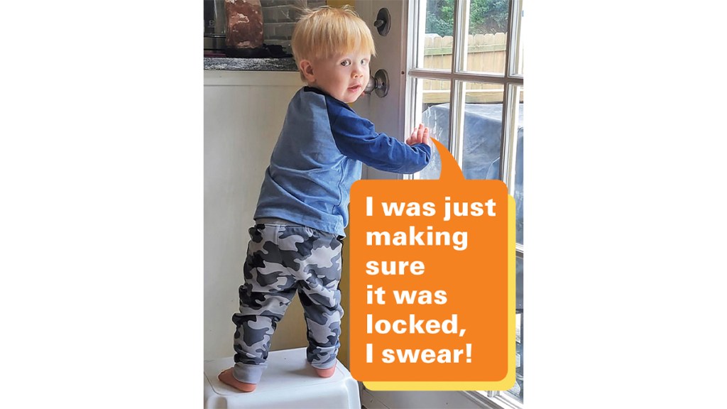 Funny photos: Boy climbing on toilet to unlock door and caption, "I was just making sure it was locked, I swear!"