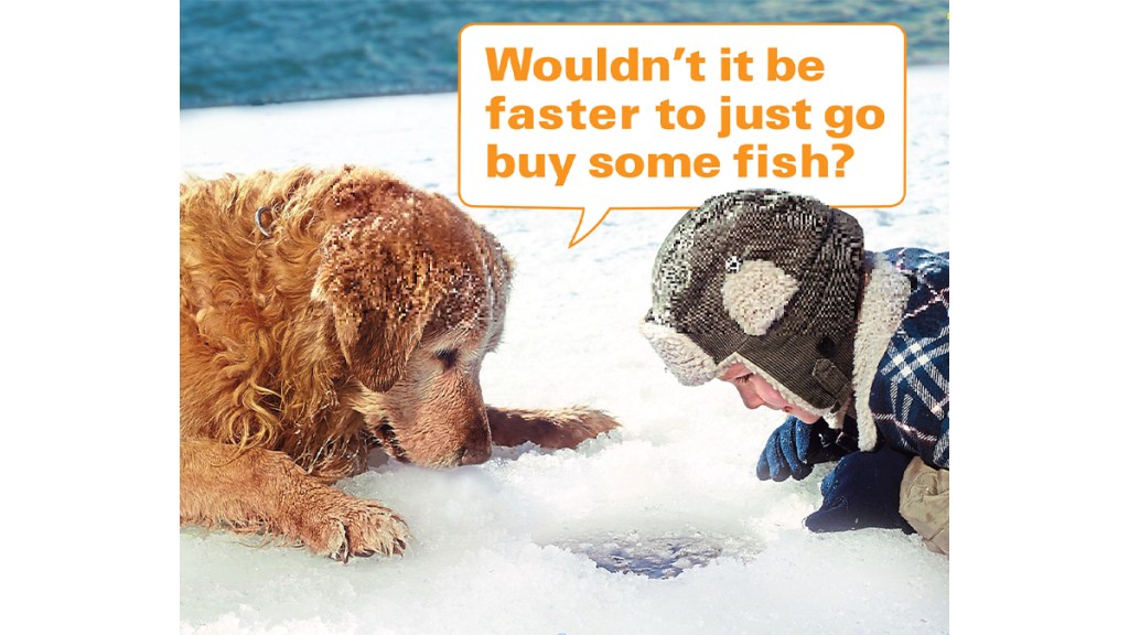 Funny photos: Dog and boy looking in ice hole with caption, "Wouldn't it be faster to just go buy some fish?"