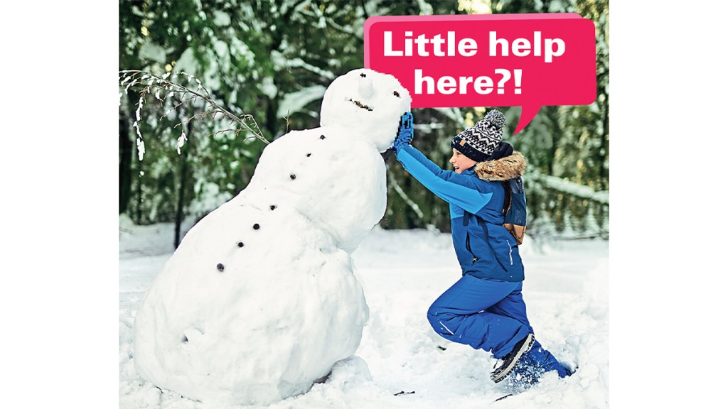 Funny photos: Boy holding up snowman with caption, "Little help here?!"