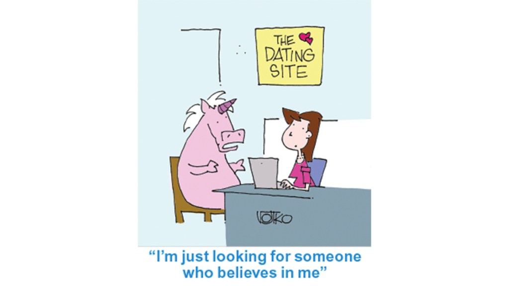 Cartoon of unicorn at dating site with caption, "I'm just looking for someone who believes in me"