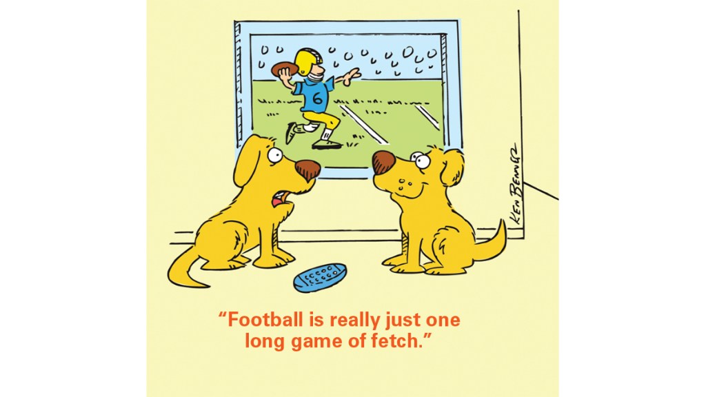 Cartoon of two dogs watching football on TV with one saying, "Football is really just one long game of fetch."