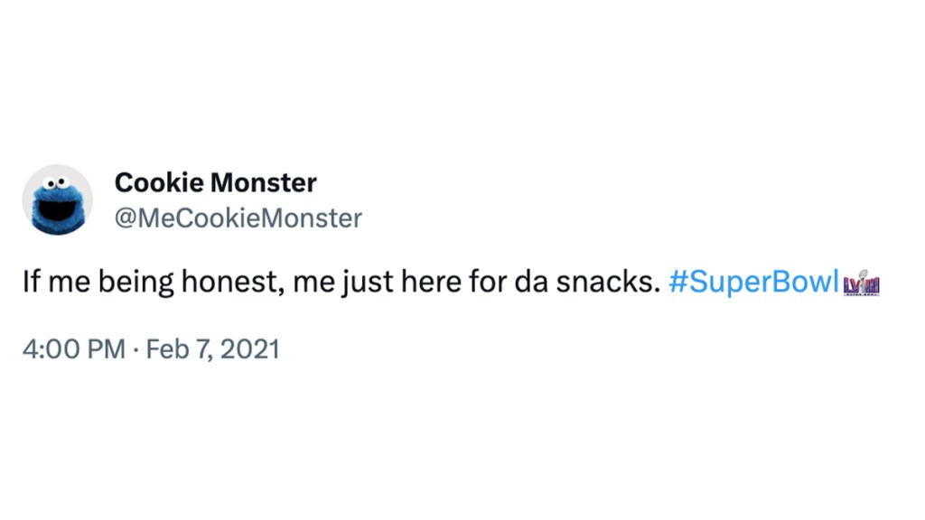 Super Bowl Memes: Cookie Monster on Twitter/X: "If me being honest, me just here for da snacks! #SuperBowl"