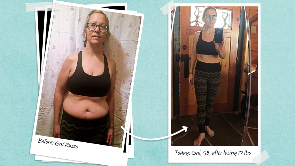 before and after of Gai Russo, who lost weight with fascia exercises