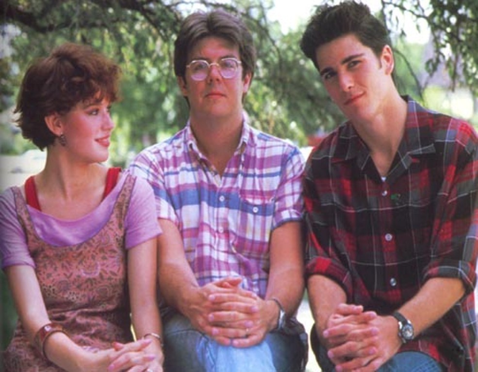 Molly Ringwald, John Hughes and Michael Schoeffling behind the scenes of 'Sixteen Candles' 1984