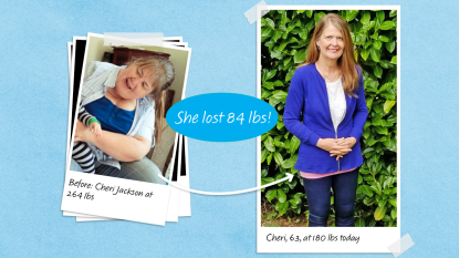 Before and after photos of Cheri Jackson who lost 84 lbs with 30 grams of protein in the morning.