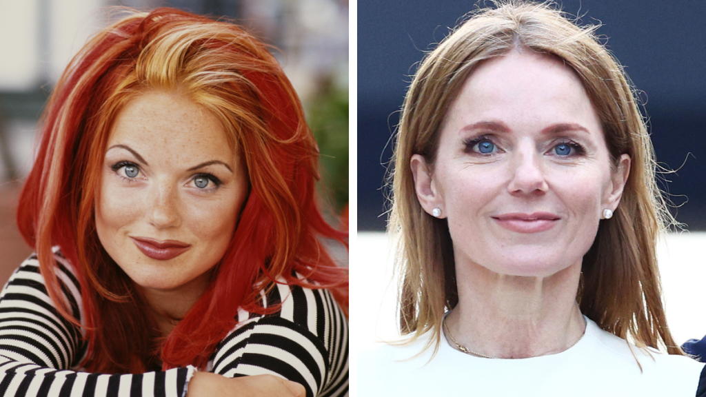 Geri Halliwell in 1996 and 2024 Spice Girls members