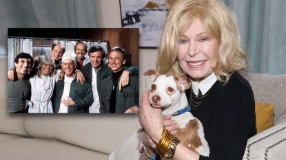 Loretta Swit holding a dog, inset of Mash cast
