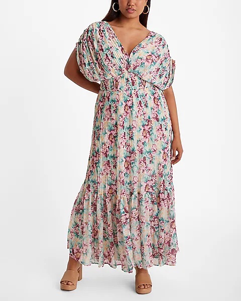 Express Floral Pleated V-Neck Ruched Sleeve Tiered Maxi Dress