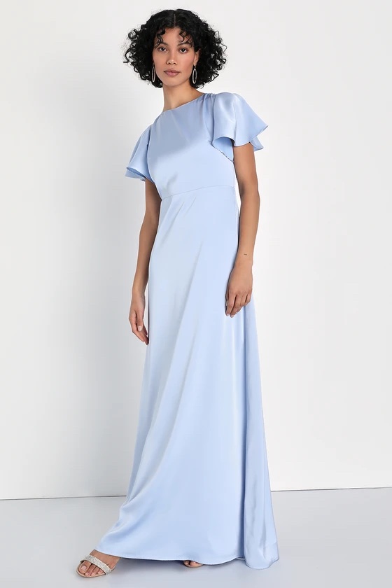 Lulus Infinite Invites Powder Blue Satin Backless Boat Neck Maxi Dress, one of the wedding guest dresses for women over 50