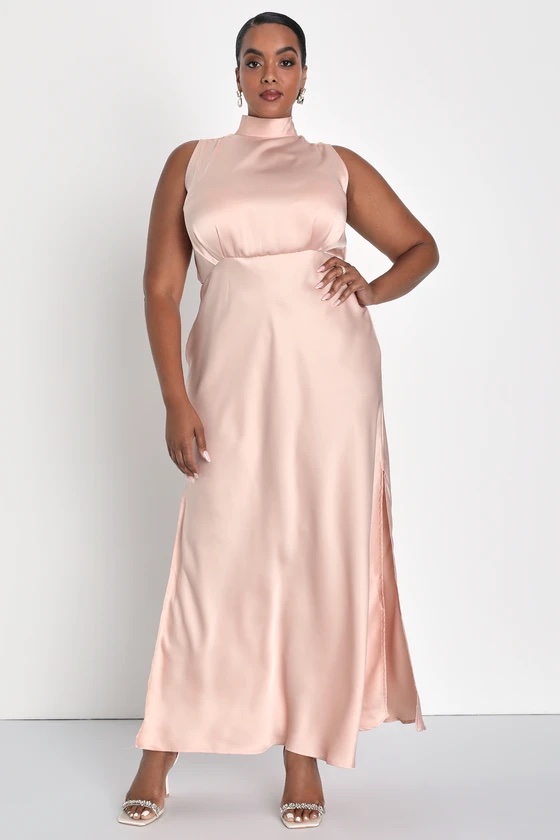Lulus Classic Elegance Blush Satin Sleeveless Mock Neck Maxi Dress