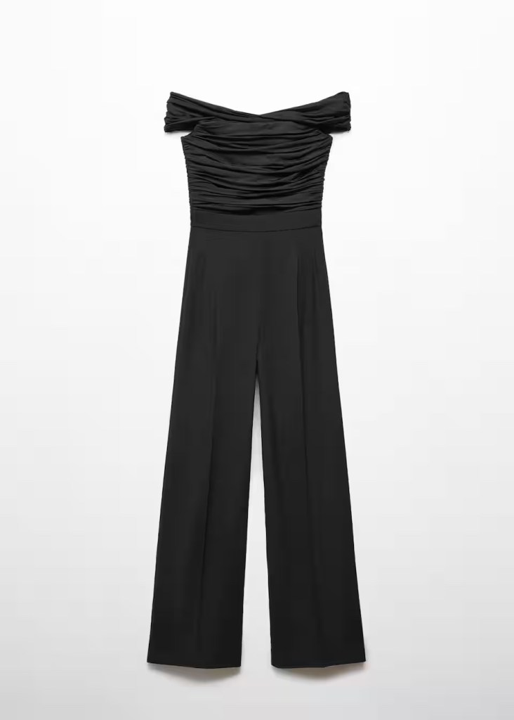 Mango Off-the-Shoulder Jumpsuit with Gathered Detail, one of the wedding guest dresses for women over 50