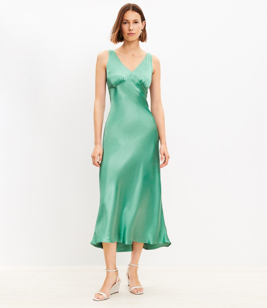 LOFT Satin Double V Bias Midi Dress, one of the wedding guest dresses for women over 50