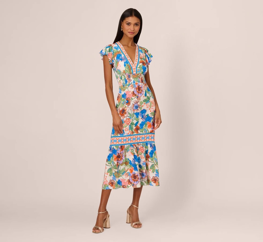 Adrianna Papell Bright Floral Print Midi Dress with Flutter Sleeves
