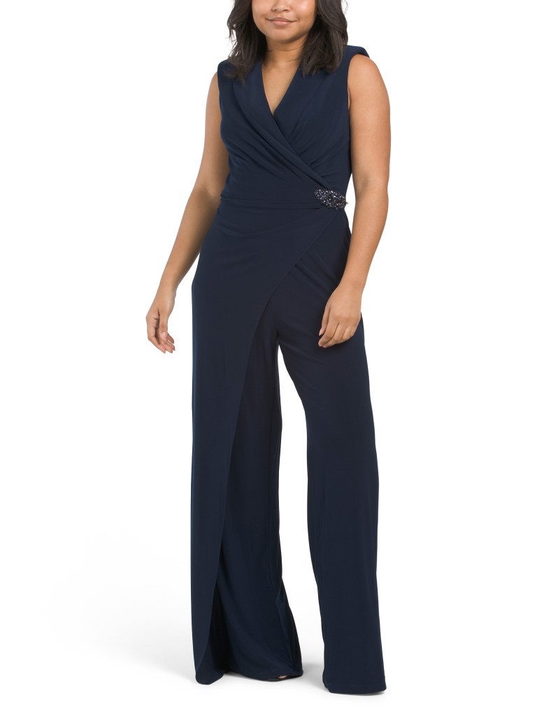 Adrianna Papell Jersey Wrap Jumpsuit With Beaded Detail At Waist