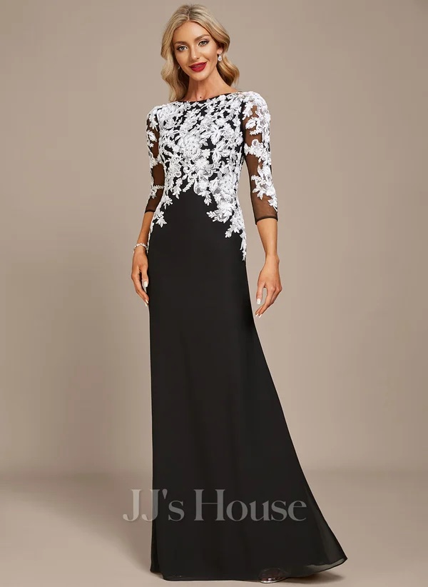 JJ's House Sheath/Column Boat Neck Floor-Length Chiffon Lace Evening Dress With Sequins