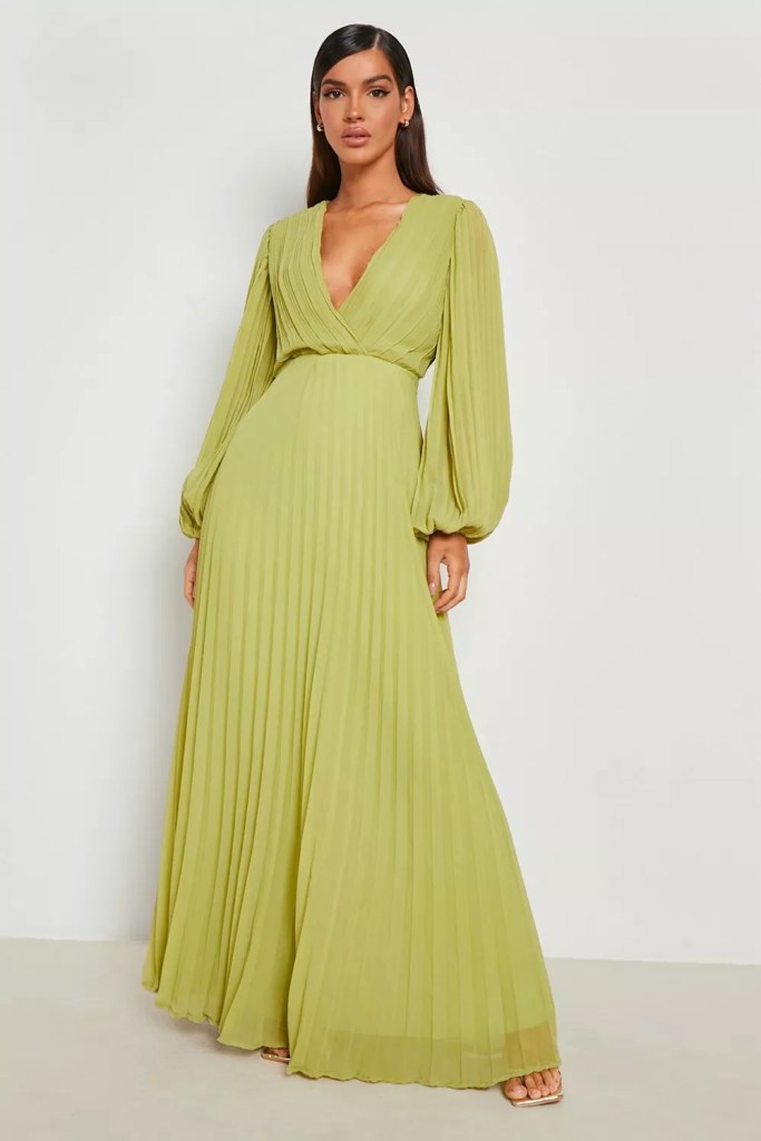 Boohoo Pleated Chiffon Wrap Maxi Dress, one of the wedding guest dresses for women over 50